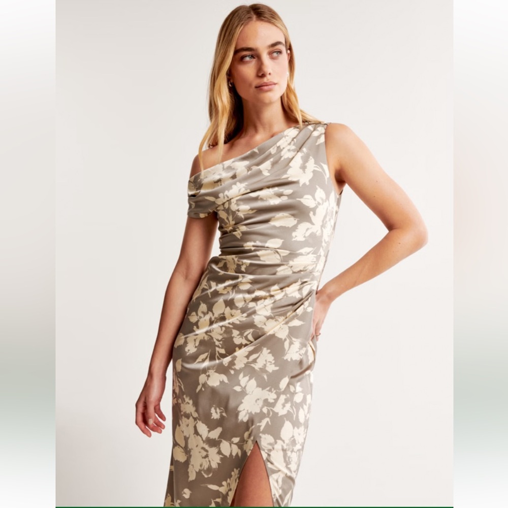 Abercrombie & Fitch Stretch Satin Draped Midi Dress in Grey Floral - Picture 2 of 9